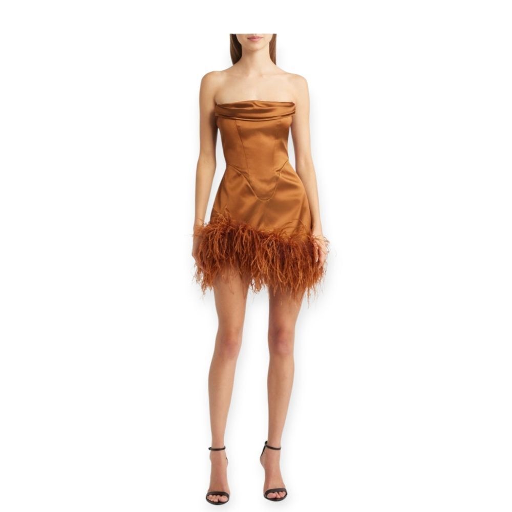 Delfi‎ Collective Andrienne Ostrich Feather Hem Strapless Satin Cocktail Dress